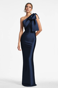 Vestido de fiesta Jimiss con escote asimétrico, hombros descubiertos, sin mangas, detalle de lazo, espalda descubierta y largo hasta el suelo