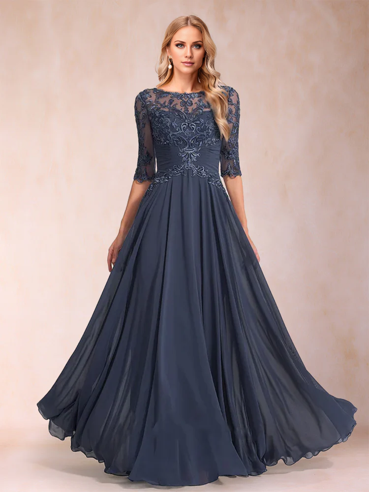 Slate Blue Chiffon A-Line Floor-Length Evening Dress with Boat Neck & Lace Bodice