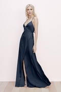 Vestido de noche Jimiss con escote en V profundo, sin mangas, tirantes finos, abertura lateral y largo hasta el suelo
