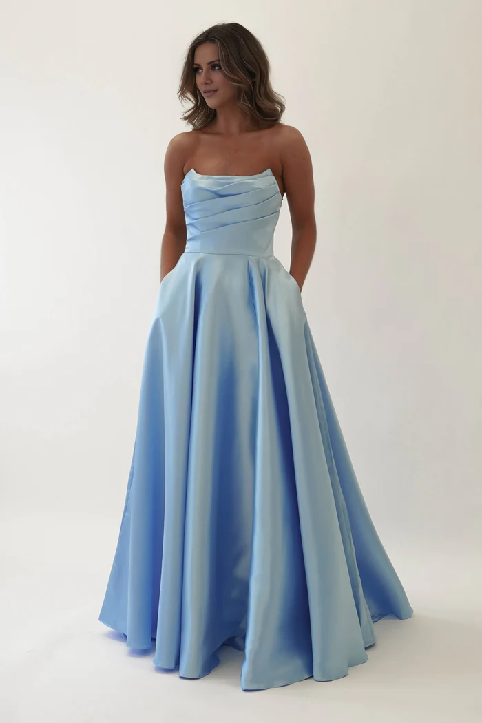 Vestido de fiesta largo de satén con hombros descubiertos, espalda descubierta y abertura lateral - Vestido Jimiss 