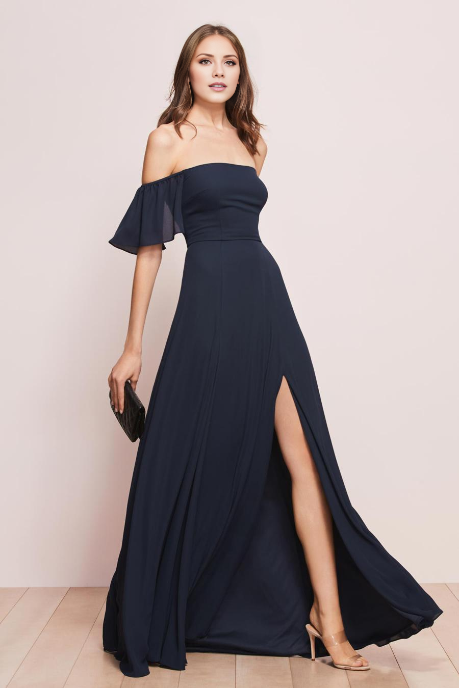Dark Navy Off-the-Shoulder A-Line Floor-Length Bridesmaid Dress with High Slit