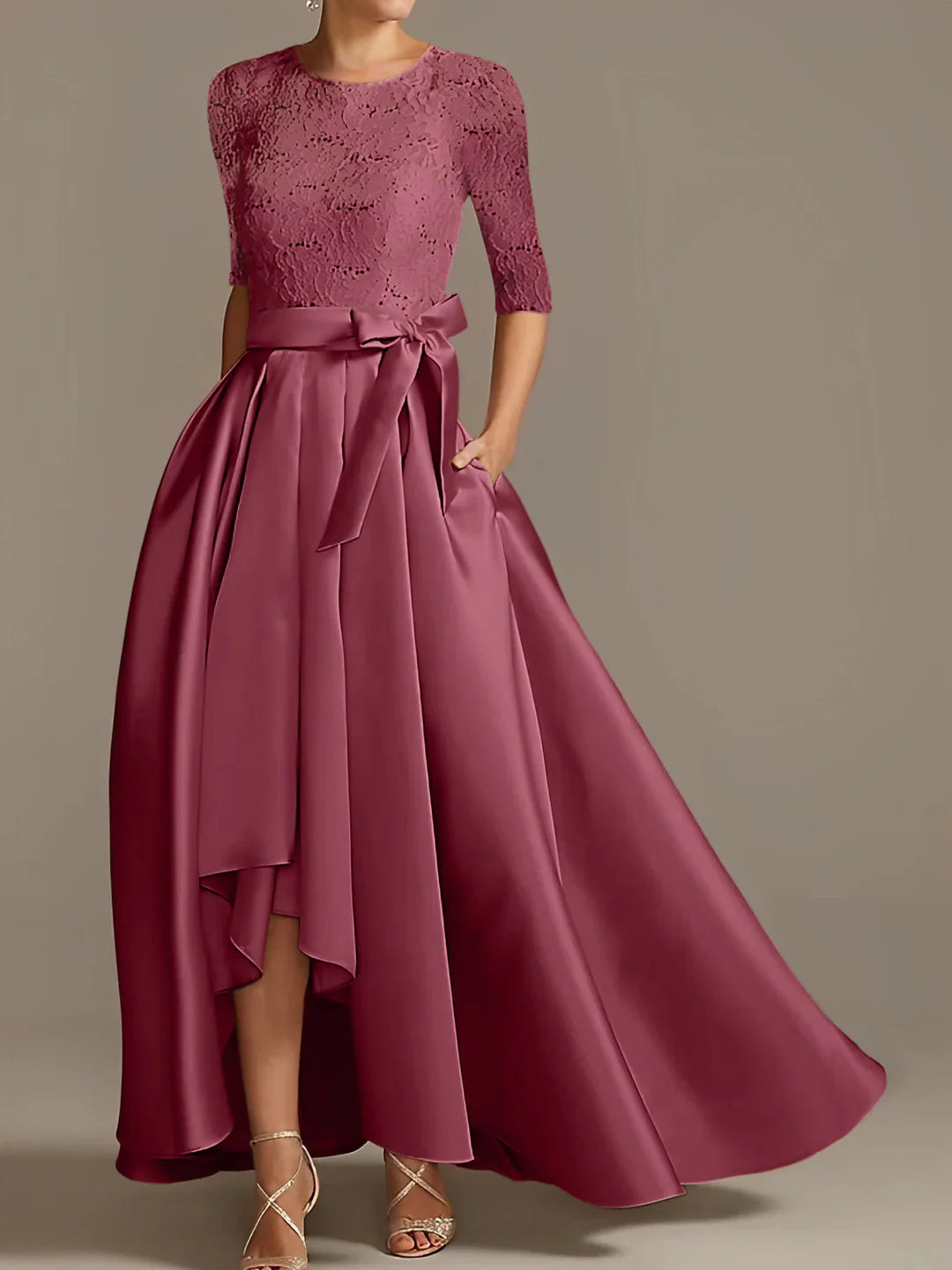 A-line/Princess with low round neck and half sleeves with ruffled edges mother of bride dress