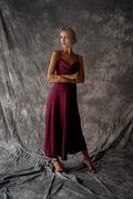 Burgundy Satin Cowl Neck Midi Sheath/column Dress