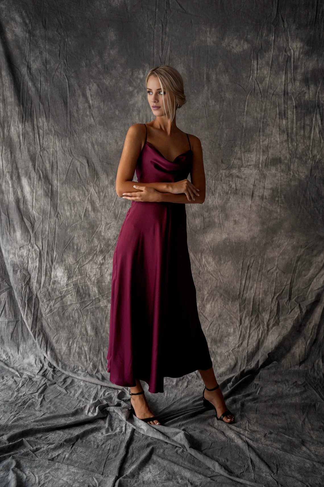 Burgundy Satin Cowl Neck Midi Sheath/column Dress