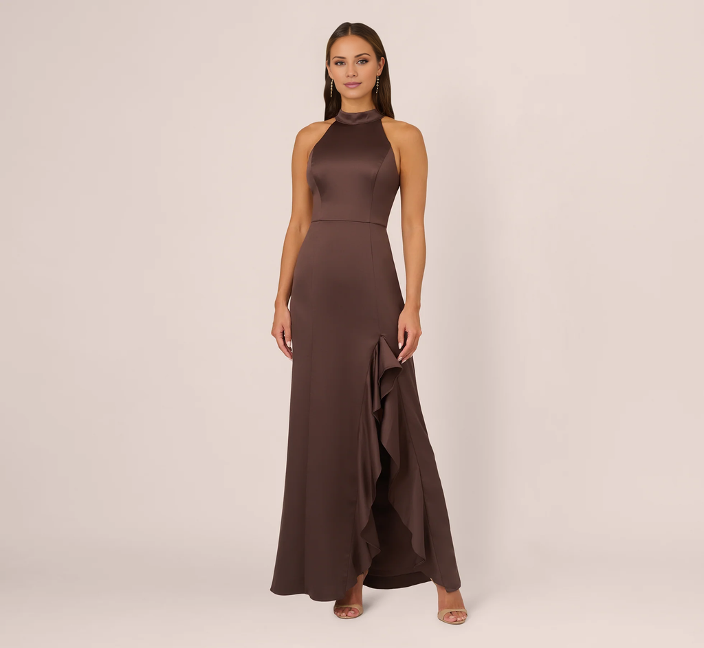 Vestido de fiesta largo estilo sirena con volantes y espalda descubierta de satén de Jimiss