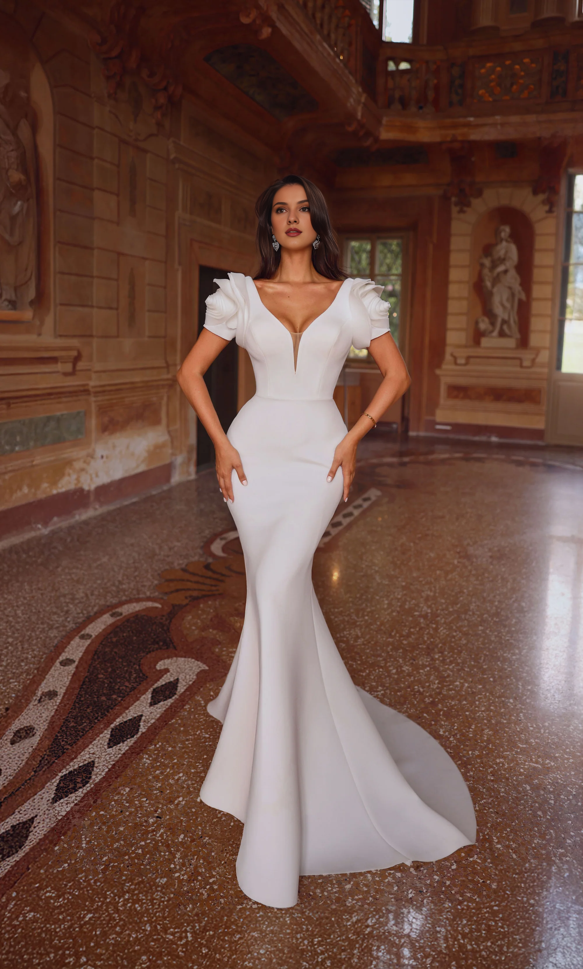 Deep V-neck slim fit trumpet shaped V-shaped back rose short sleeved wedding dresses