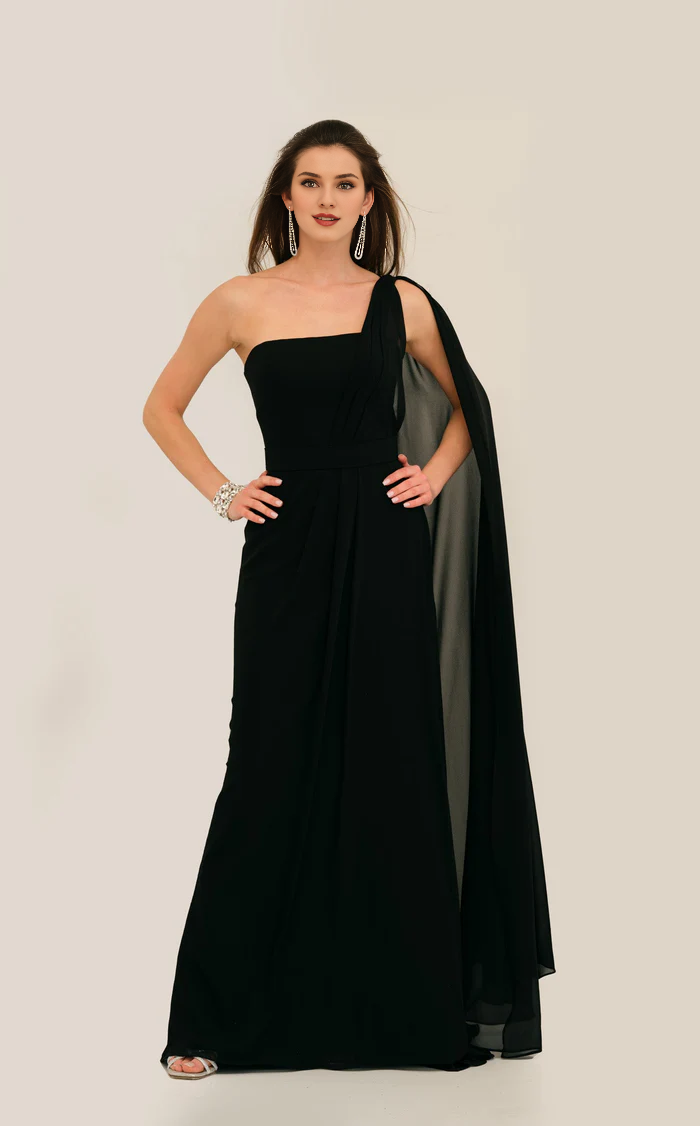 Vestido de fiesta con escote asimétrico, escote en V, sin mangas, espalda descubierta y largo hasta el suelo.