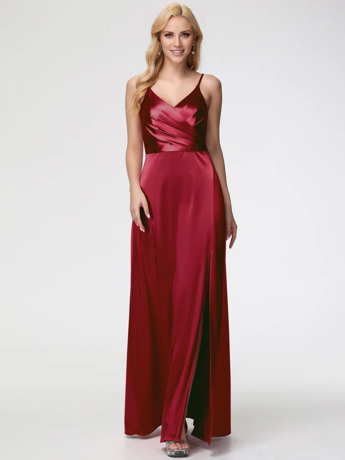 Vestido de fiesta Jimiss de satén plisado con escote en V y tirantes finos