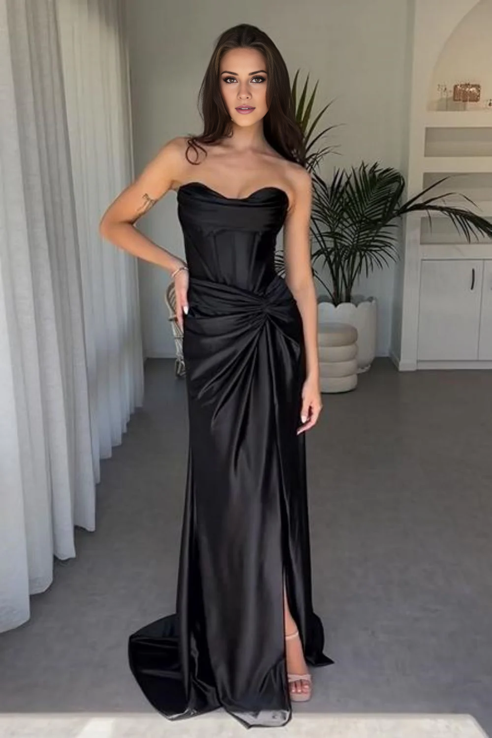 Vestido de fiesta largo de satén con abertura y tirantes finos estilo sirena de Jimiss Fashion