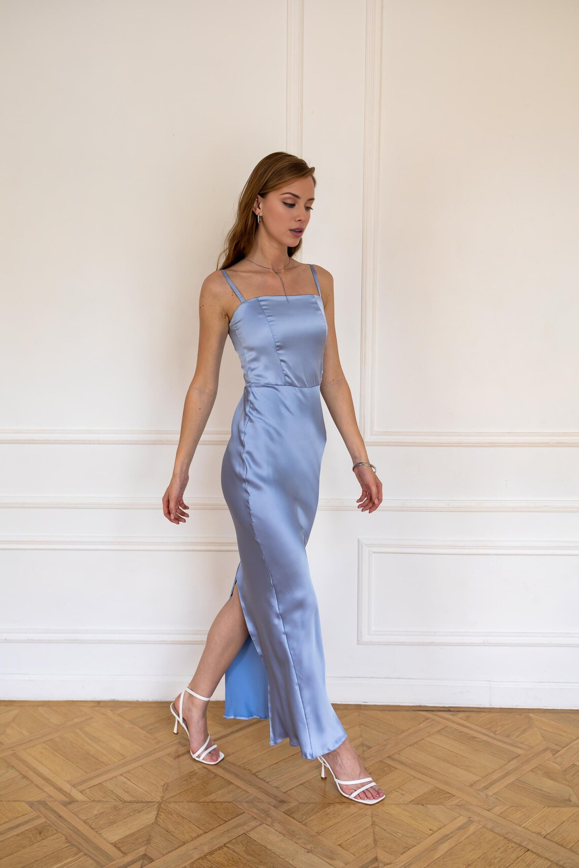 Jimiss - Vestido de fiesta largo hasta el suelo con escote cuadrado, abertura lateral y tirantes finos 