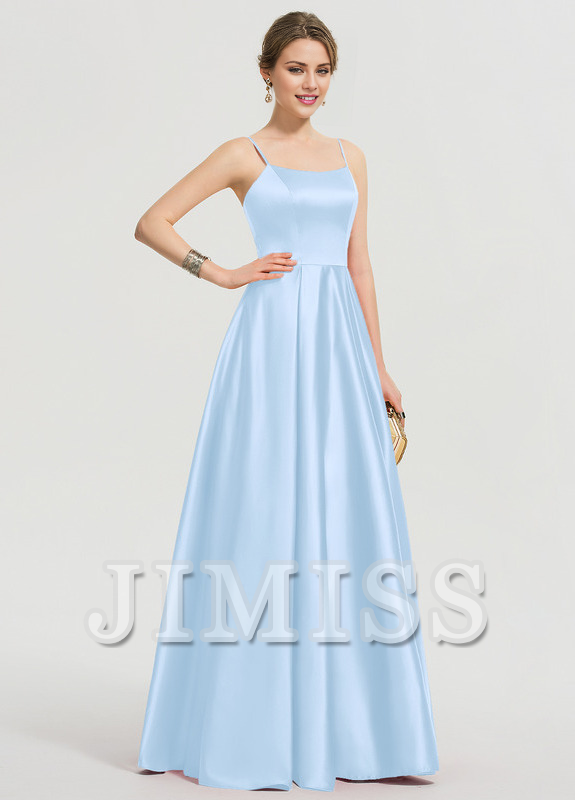 Vestido de fiesta largo hasta el suelo de satén con escote en A y corte cuadrado