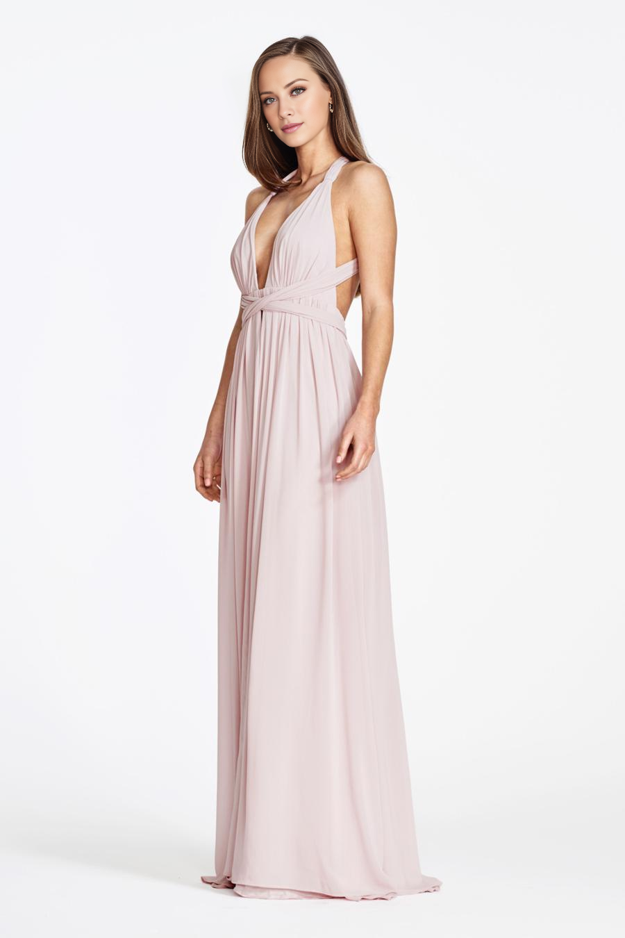 Vestido de noche Jimiss con escote en V profundo, cuello colgante, sin mangas, espalda descubierta y largo hasta el suelo