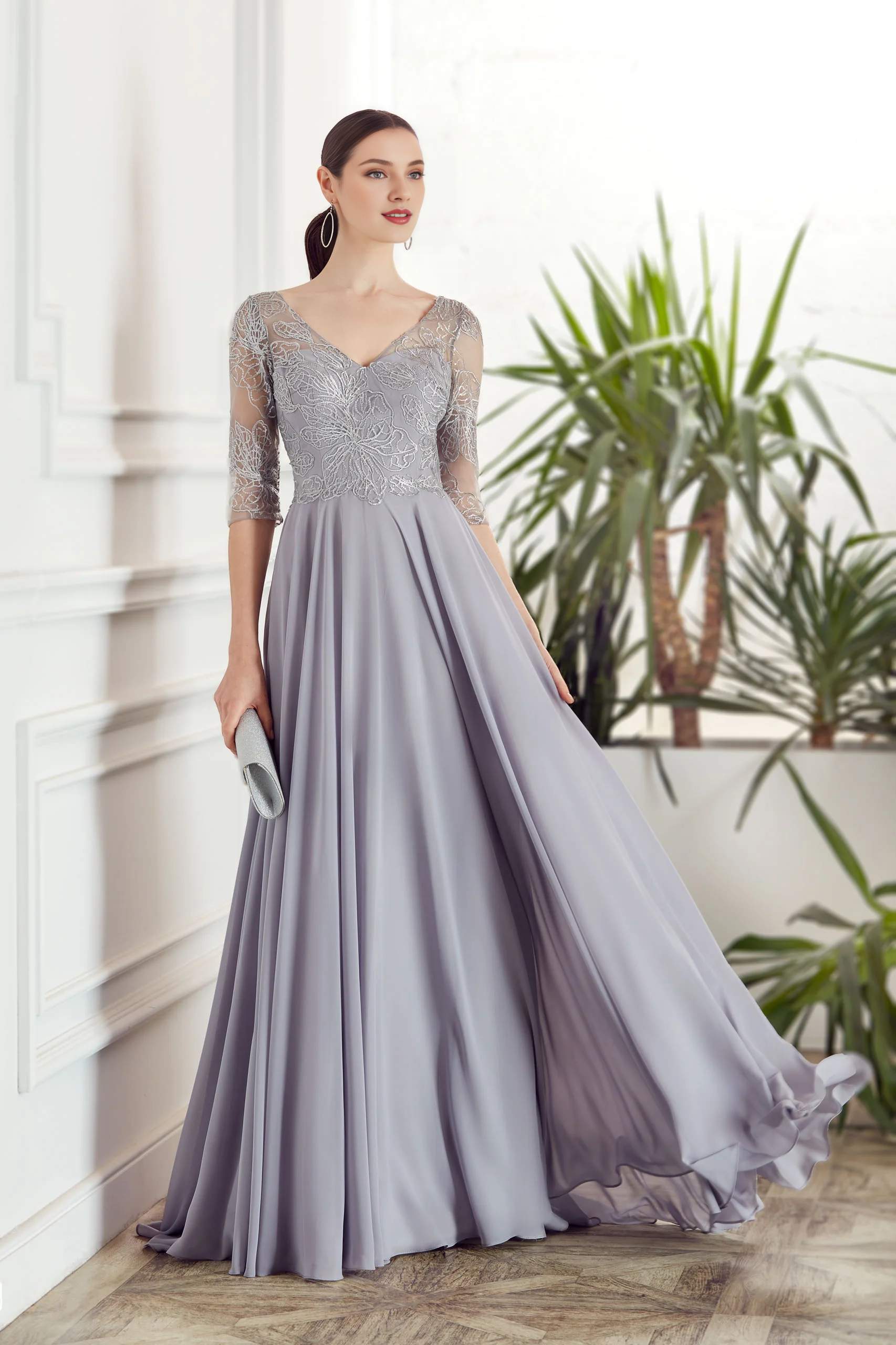 Grey Chiffon A-Line Floor-Length Bridesmaid Dress with Embroidered Bodice and 3/4 Sleeves