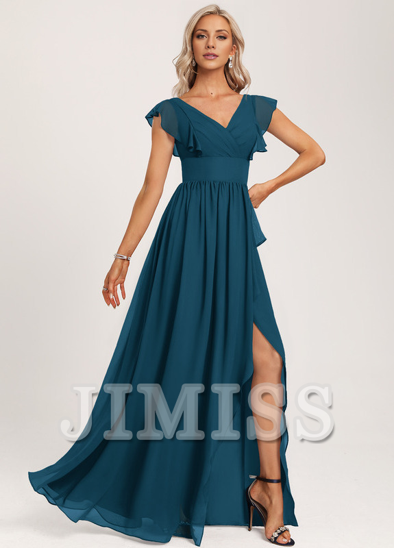 Vestido de dama de honor de gasa con volantes, escote en V y largo hasta el suelo