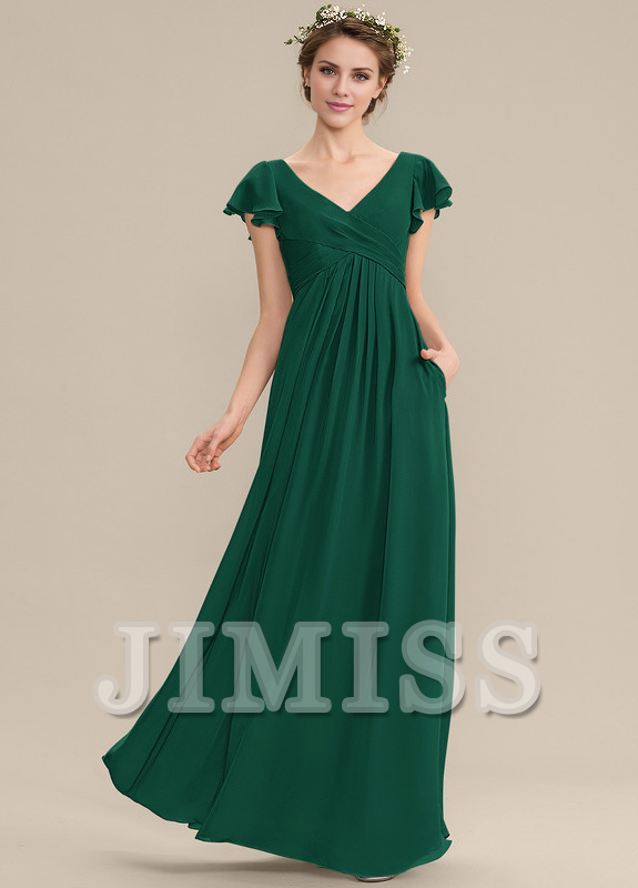 Vestido de dama de honor de gasa con escote en V, volantes escalonados y largo hasta el suelo