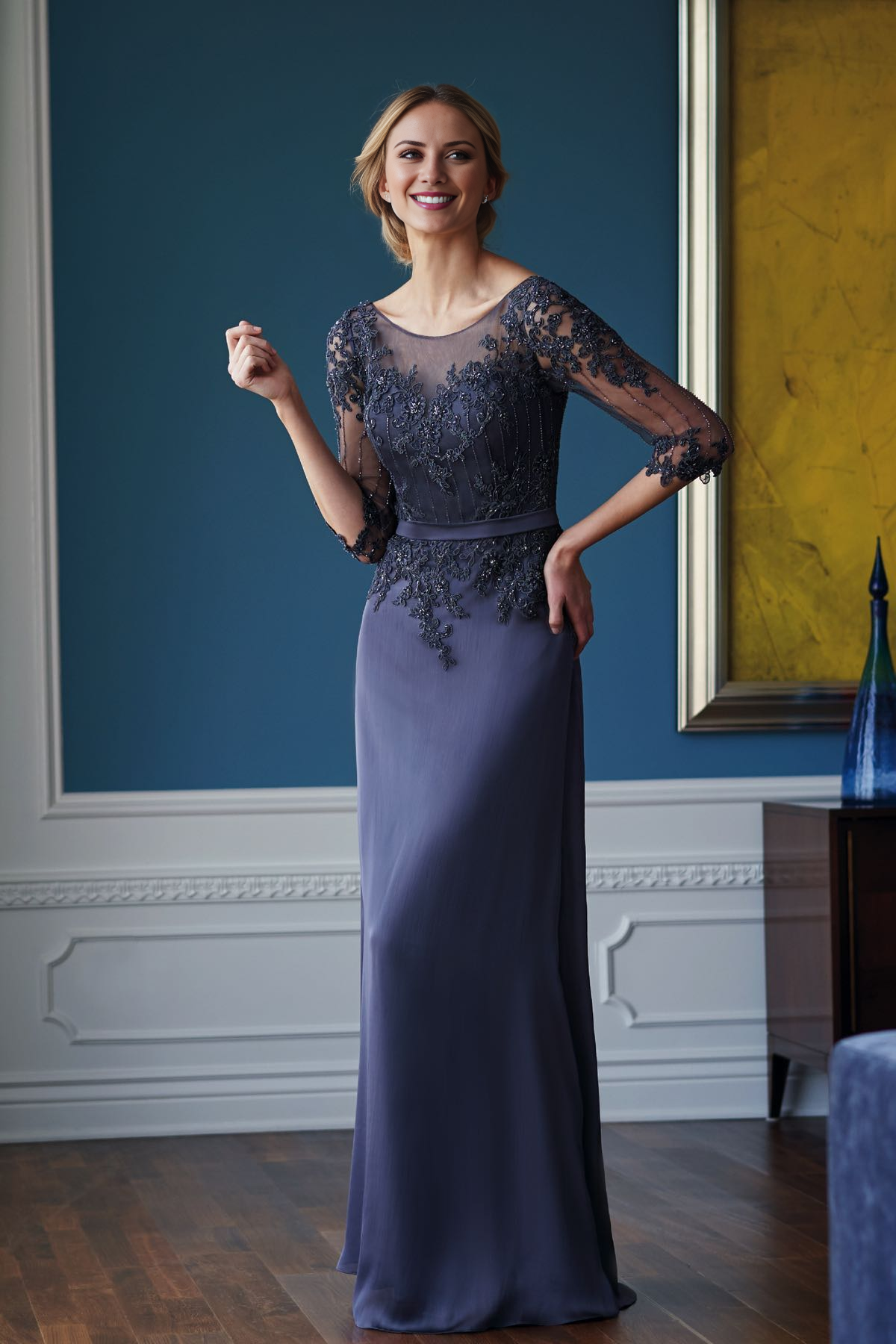 Dark Navy Chiffon Sheath/column Floor-Length Evening Dress with Illusion Bodice and Beaded Lace Appliques