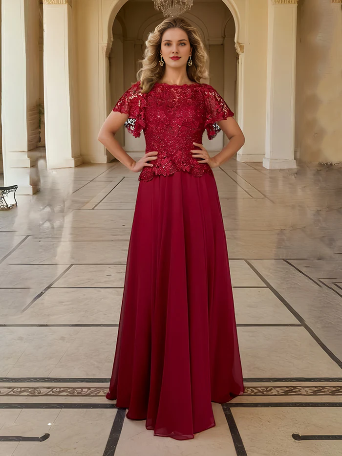 Burgundy Lace A-Line Floor-Length Evening Dress