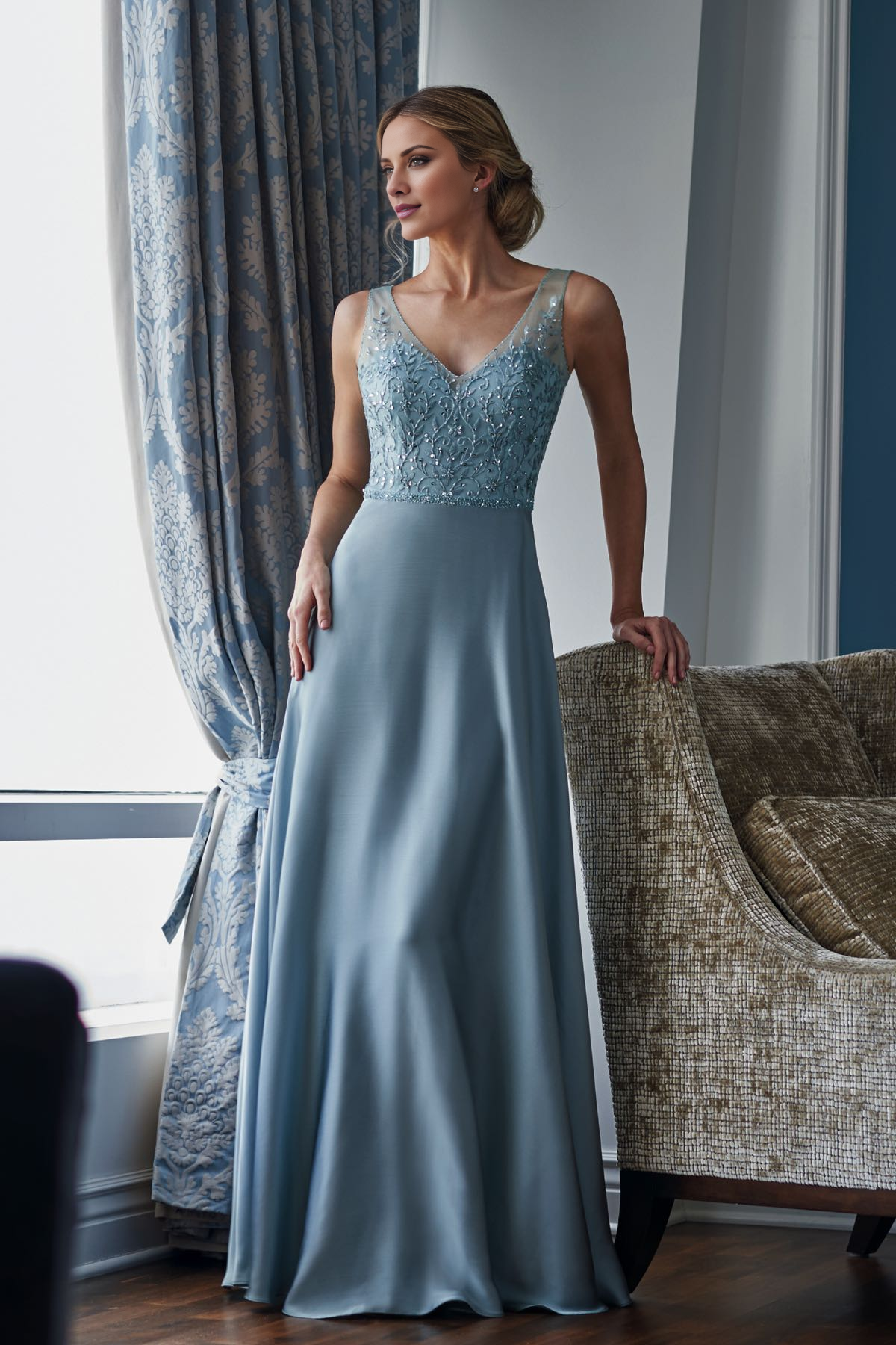 Dusty Blue A-Line Floor-Length Bridesmaid Dress with Beaded Bodice