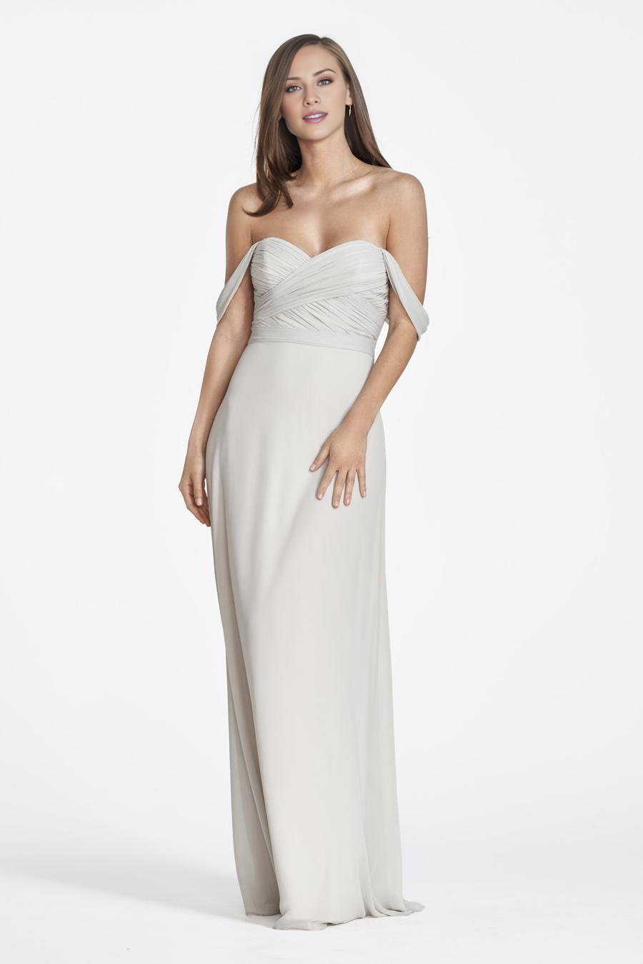Vestido de noche Jimiss con hombros descubiertos, cuello, sin mangas, espalda descubierta, detalles plisados y largo hasta el suelo