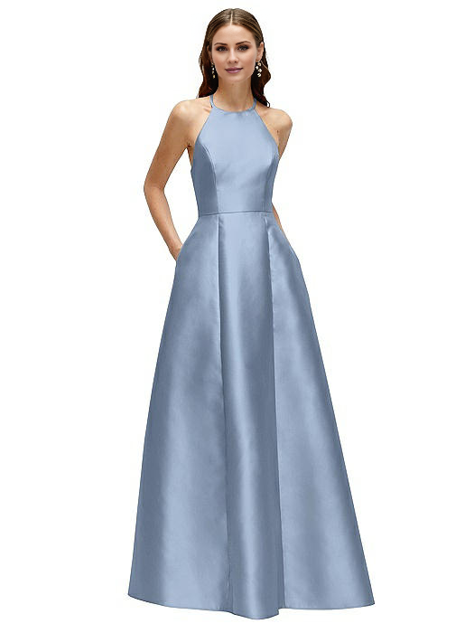 Vestido de fiesta Jimiss de corte A, cuello colgante, hombros descubiertos, sin mangas, espalda descubierta y largo hasta el suelo