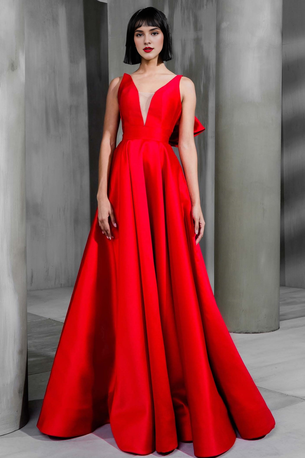 Red Satin A-Line Floor-Length Evening Dress with Illusion V-Neck and Bow Back