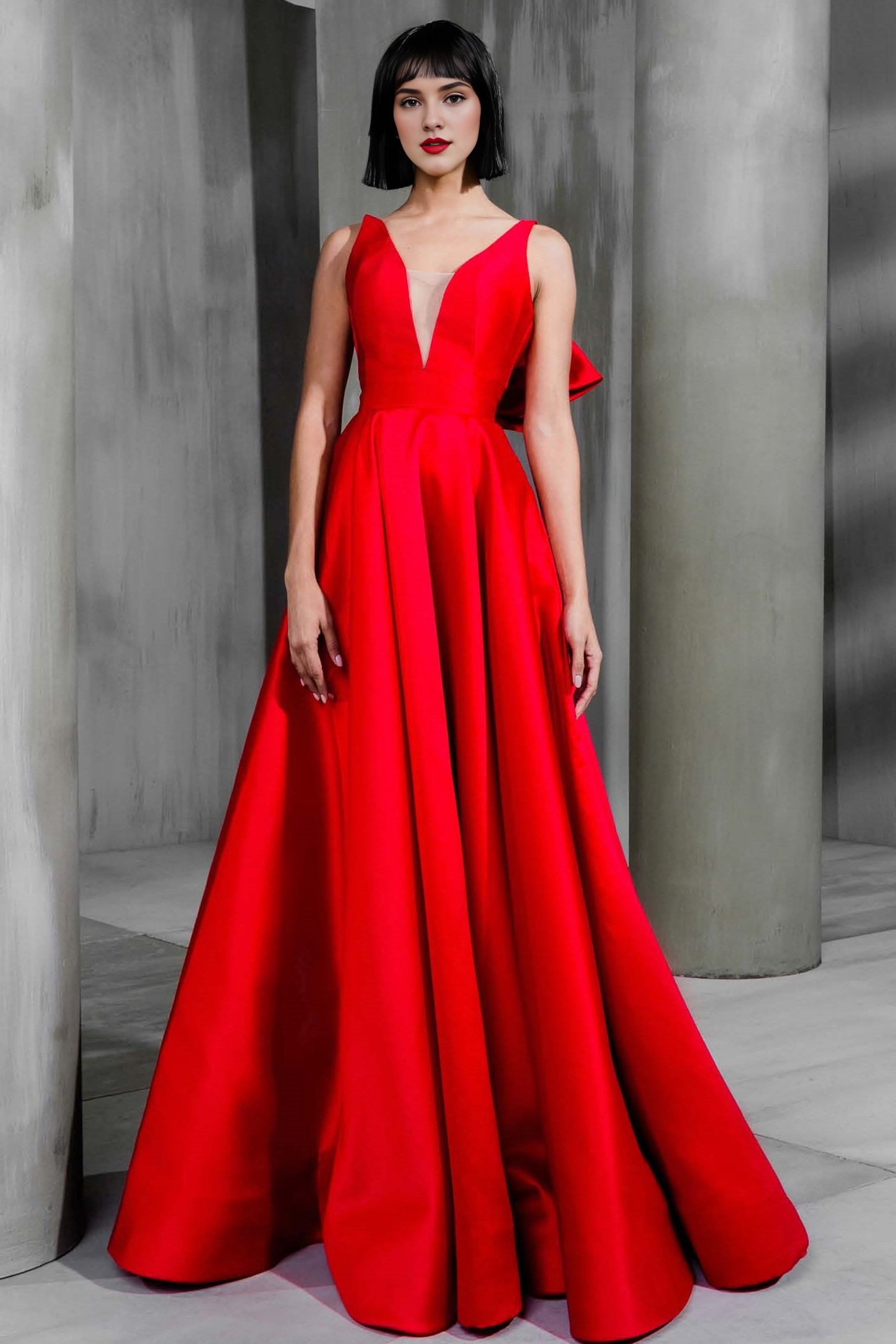 Red Satin A-Line Floor-Length Evening Dress with Illusion V-Neck and Bow Back