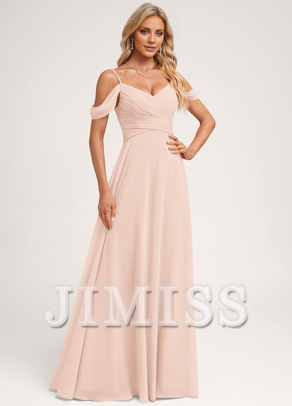 Abito da damigella d'onore in chiffon lungo fino a terra, con spalle scoperte e linea ad A