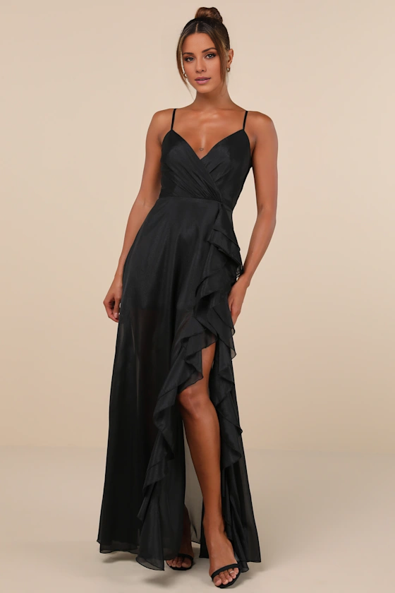 Vestido de noche Jimiss con escote en V, hombros descubiertos, sin mangas, tirantes finos, espalda descubierta, borde con volantes, abertura lateral y largo hasta el suelo