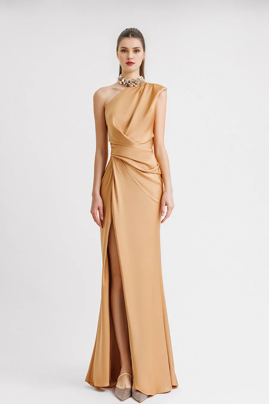 Vestido de noche ajustado/estilo columna, elegante, formal, largo hasta el suelo, sin mangas, con un solo hombro, bolsillo, satén, calcomanía, vestidos de noche.