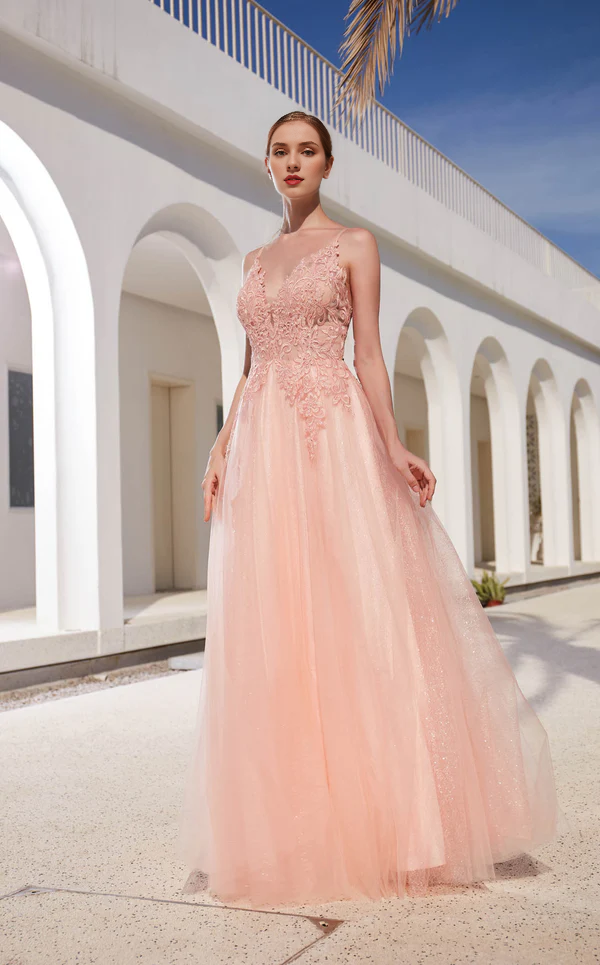 A-line V-neckline sleeveless tight fitting corset with sheer side slits and floor length gowns evening dresses