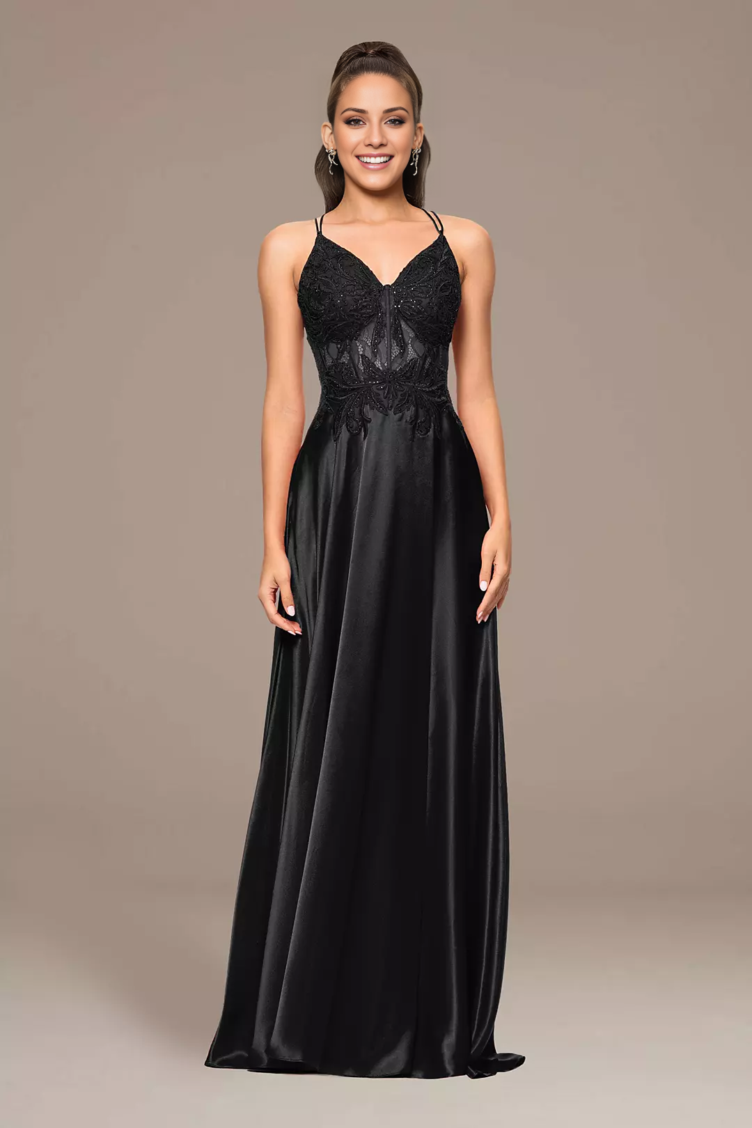 Black Satin A-Line Floor-Length Evening Dress with Lace Applique Bodice