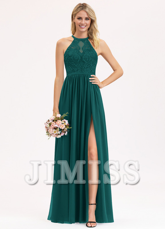 Abito da damigella d'onore in chiffon e pizzo, a trapezio, con scollo a barchetta e lunghezza al pavimento