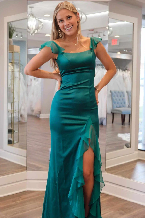 Vestido de fiesta Jimiss con escote cuadrado, largo, verde y volantes, estilo sirena
