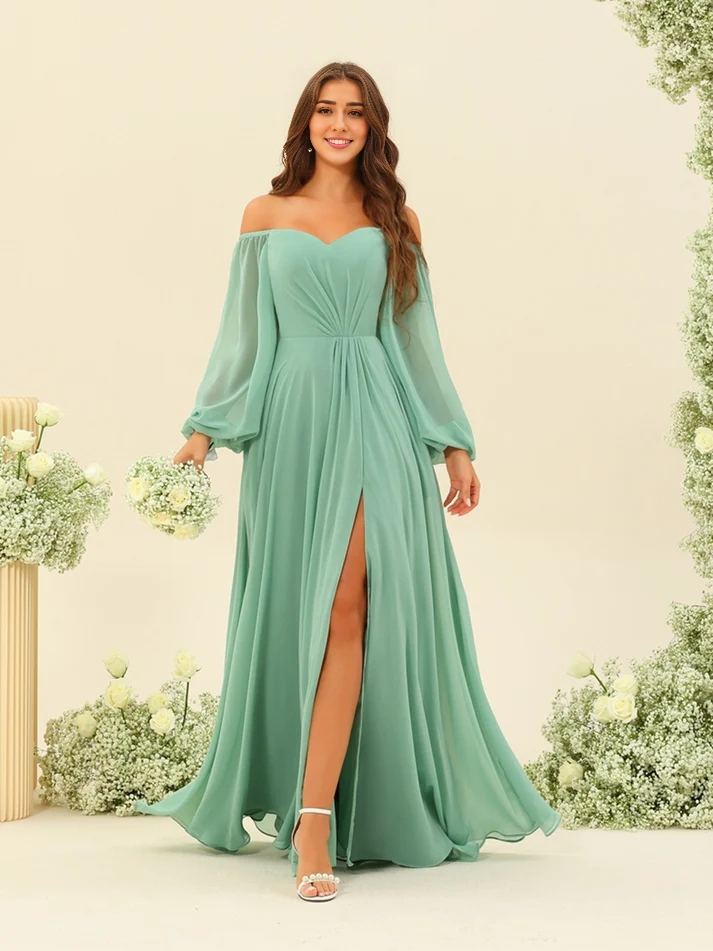 Mint Green Chiffon Off-the-Shoulder A-Line Floor-Length Dress with Ruched Bodice and High Slit