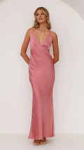 Vestido de noche Jimiss con escote en V profundo, tirantes finos y hombros descubiertos, largo hasta el suelo