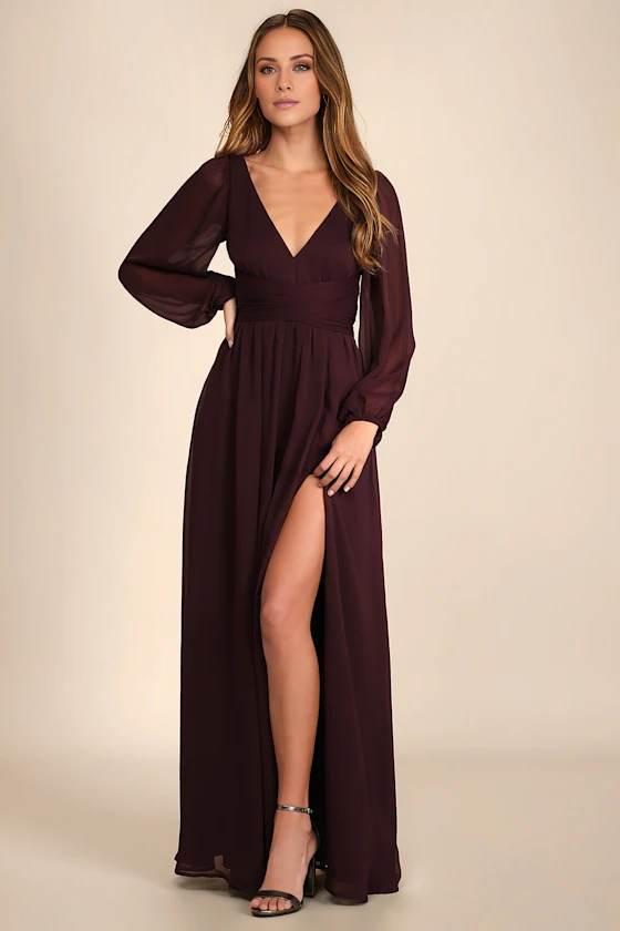 Jimiss deep V-neck long sleeved backless side slit and floor length evening dress