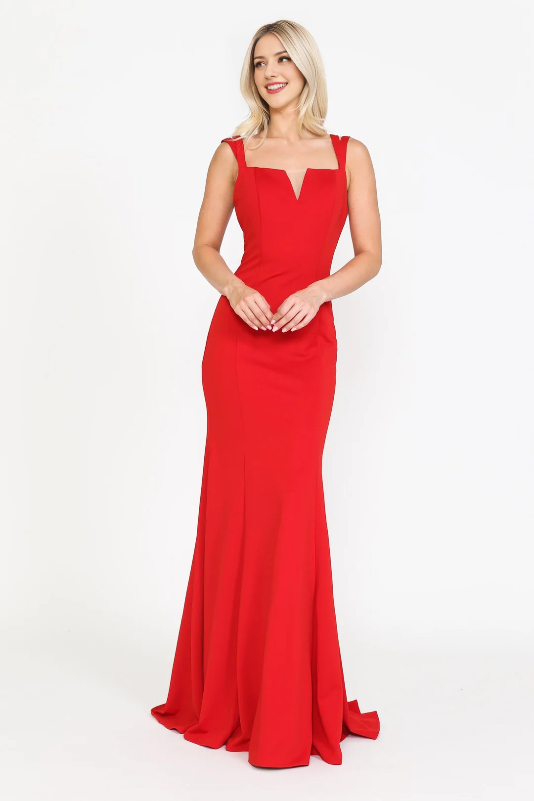 Vestido largo de punto liso con escote en V y falda ajustada