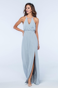 Vestido de noche Jimiss con escote halter, hombros descubiertos, sin mangas, espalda descubierta y largo hasta el suelo