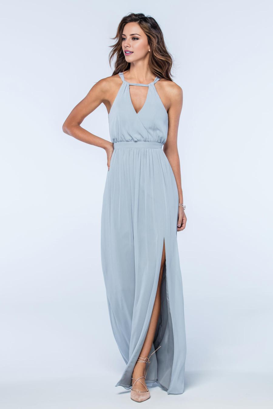 Vestido de noche Jimiss con escote halter, hombros descubiertos, sin mangas, espalda descubierta y largo hasta el suelo