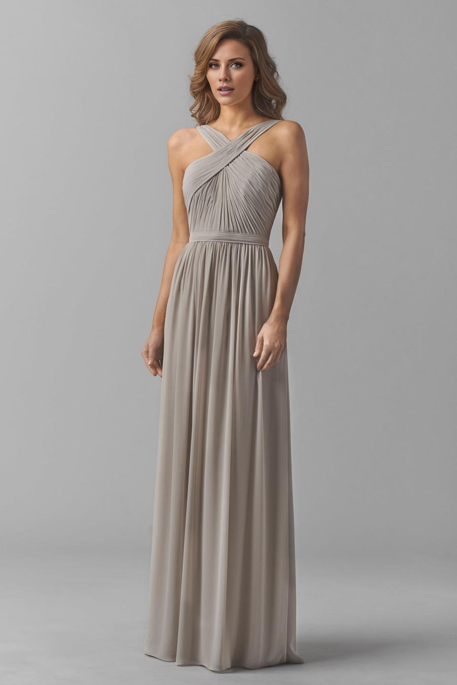 Vestido de noche Jimiss con escote cruzado, hombros descubiertos, sin mangas, espalda descubierta, plisado y largo hasta el suelo