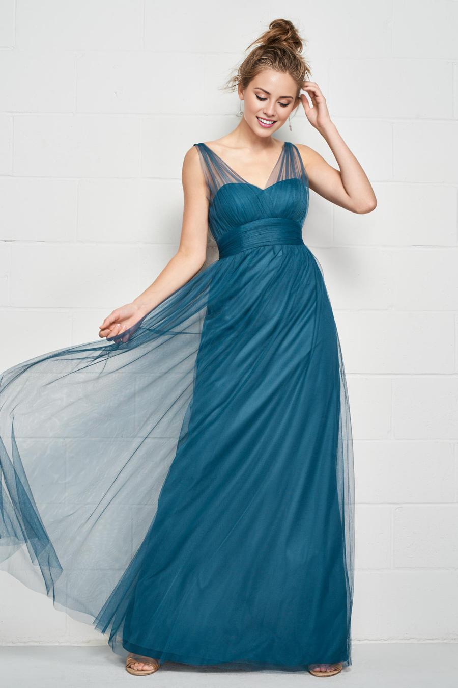 Teal Tulle A-Line Floor-Length Dress with Sweetheart Neckline, Ruched Bodice & Layered Skirt