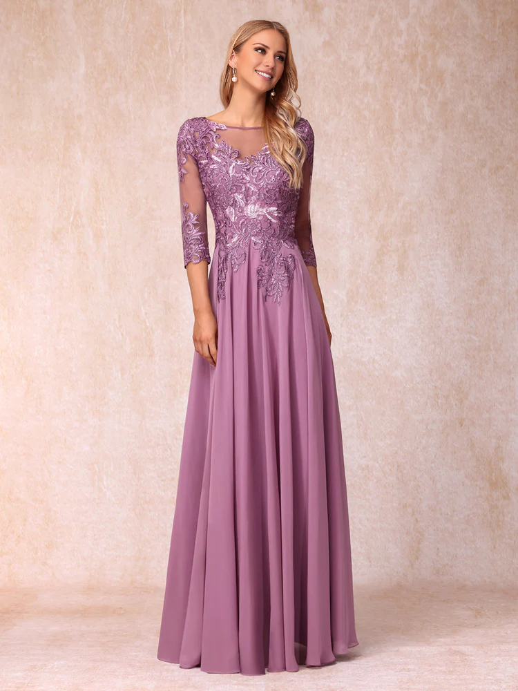 Mauve Chiffon A-Line Floor-Length Dress with Lace Applique Bodice and Illusion Sleeves