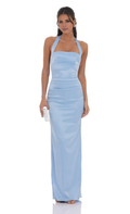 Vestido de fiesta Jimiss con cuello halter, hombros descubiertos, sin mangas, espalda descubierta y largo hasta el suelo