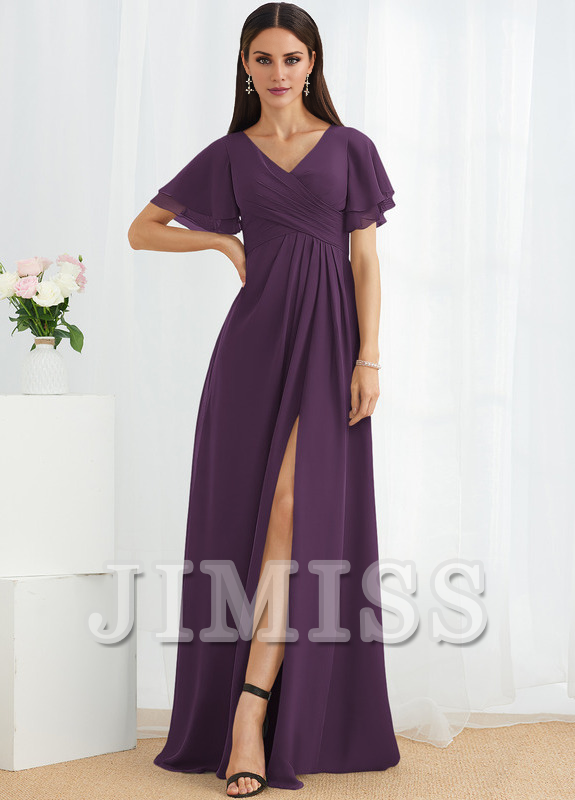 Abito da damigella d'onore in chiffon lungo fino al pavimento, con scollo a V e linea ad A