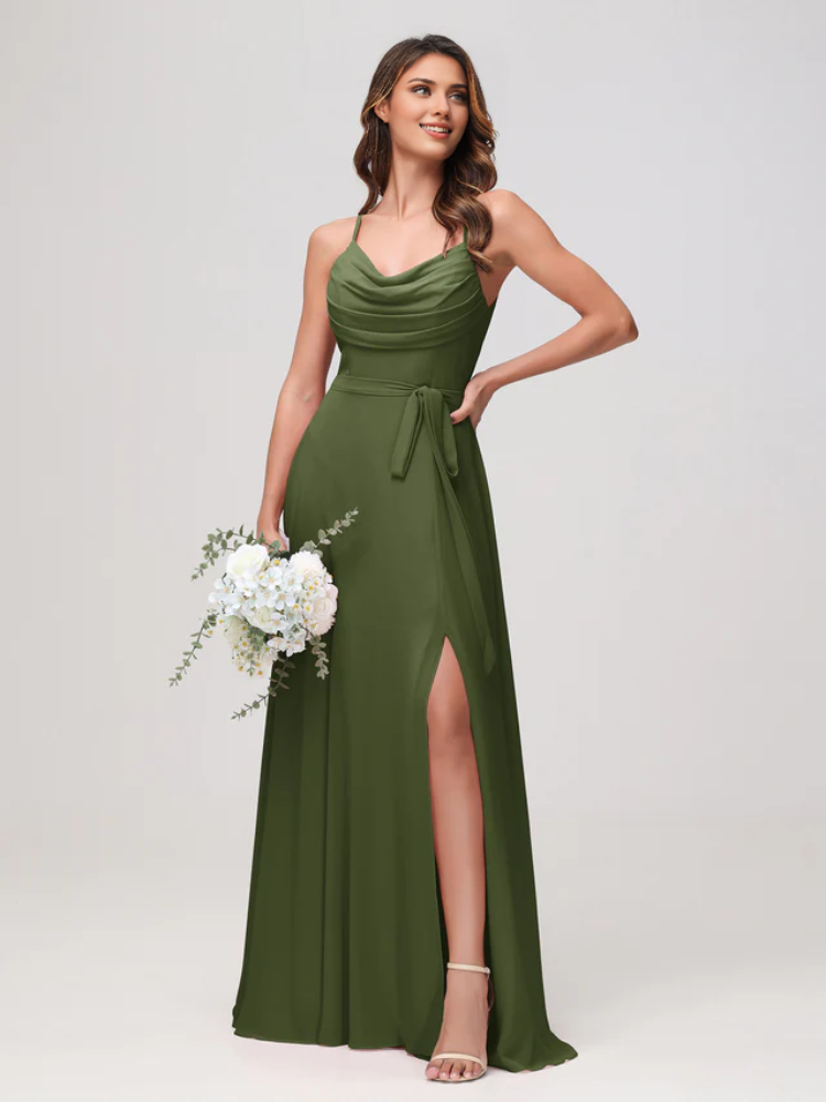 Olive Green Chiffon A-Line Floor-Length Dress with Cowl Neck and High Slit