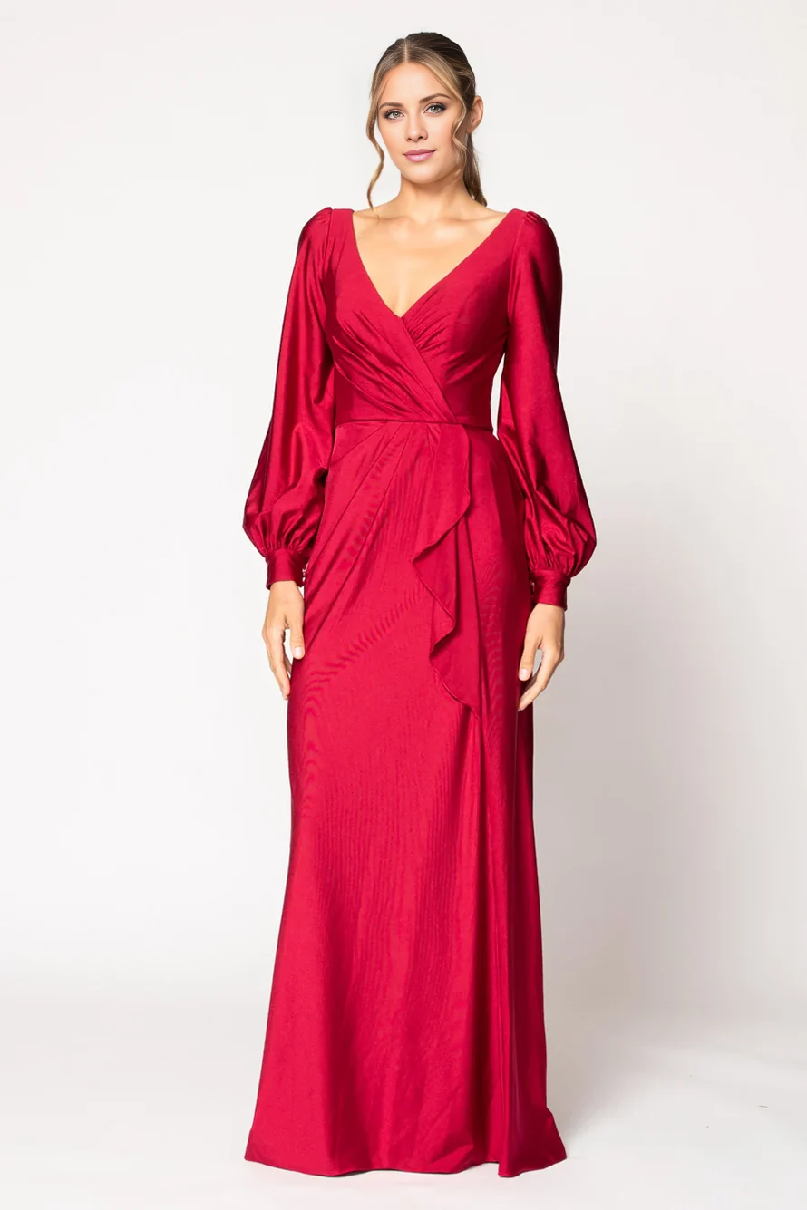 Vestido de fiesta Jimiss con escote en V, hombros descubiertos, manga larga, cremallera en la espalda y largo hasta el suelo