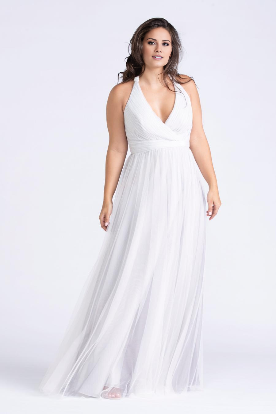 Vestido de noche Jimiss con escote en V, escote colgante, plisado transparente, sin espalda y largo hasta el suelo