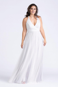 Vestido de noche Jimiss con escote en V, escote colgante, plisado transparente, sin espalda y largo hasta el suelo