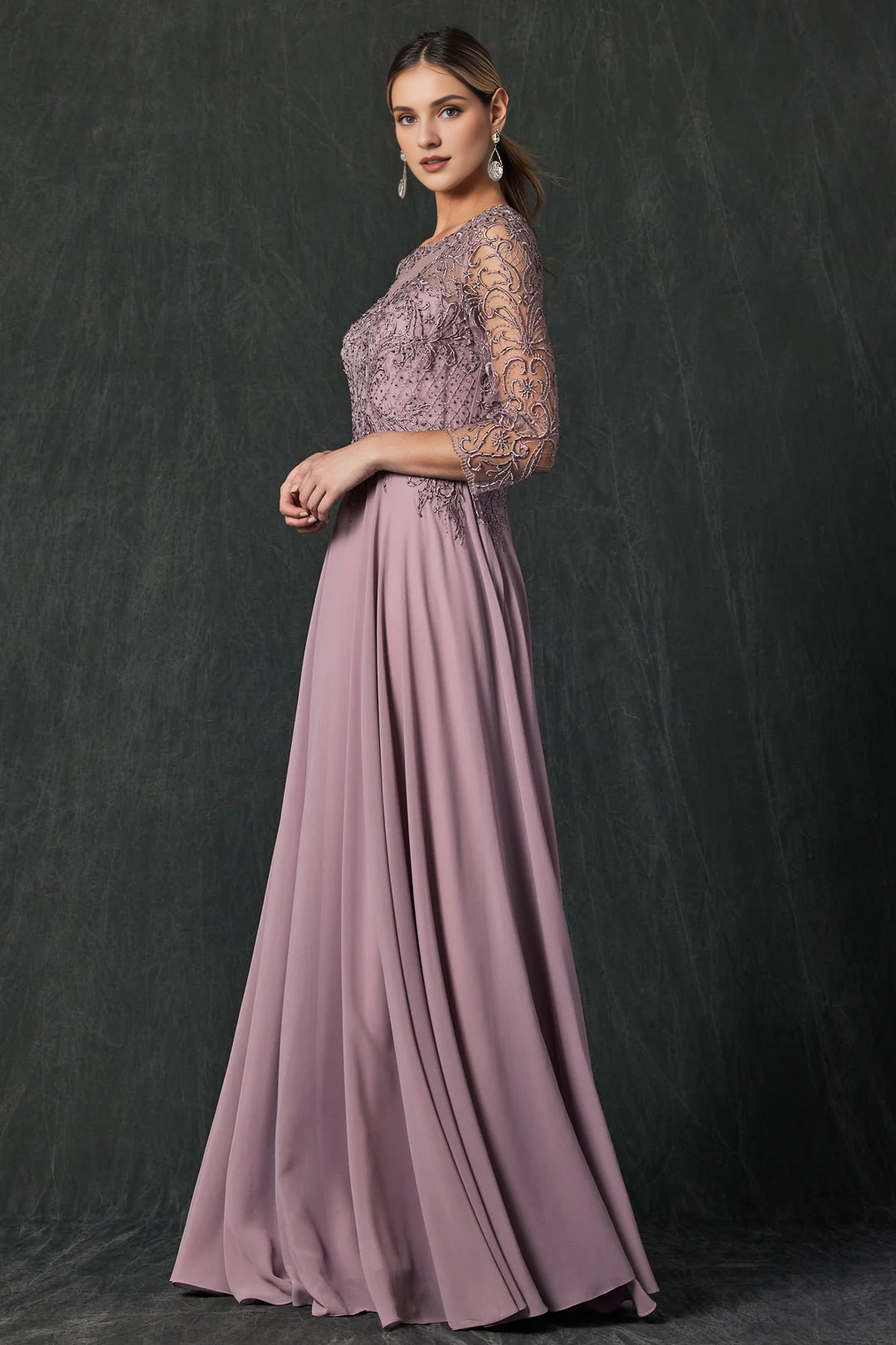 Embroidered long sleeved chiffon dress