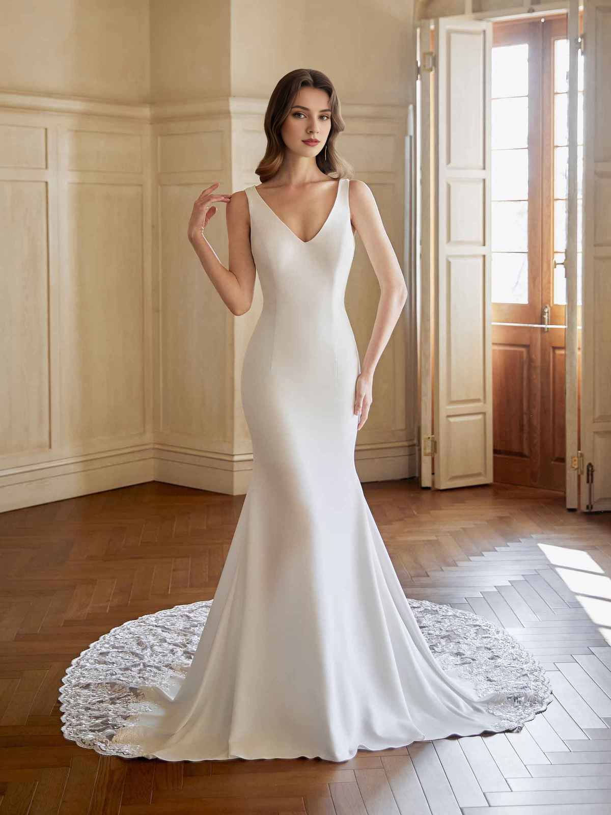 Ivory Crepe Mermaid V-Neck Floor-Length Bridesmaid Dress with Lace Train